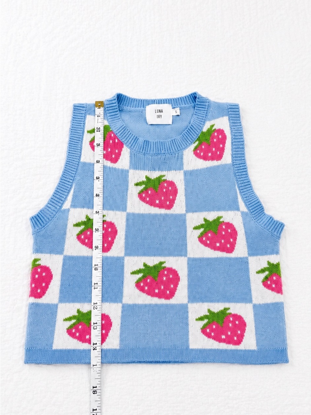 Luna Ivy Strawberry Sweater Vest Size Small Blue Checkered Knit Cottagecore - Picture 7 of 10